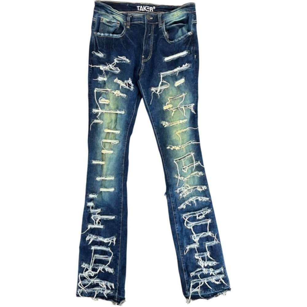 Taker Mens Distressed Stacked Flare Jeans Blue Denim Heavy Ripped 32x38